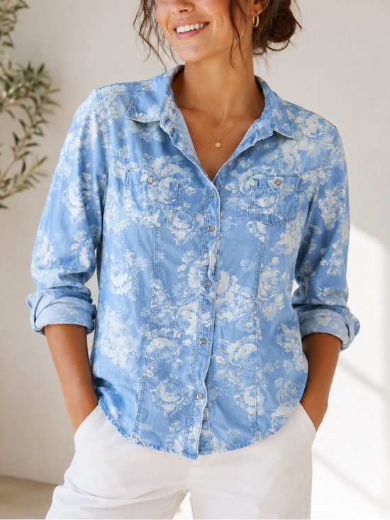 Guess Tops - GUESS Western Chambray Coastal Light Blue Floral Button-Down Shirt size Large